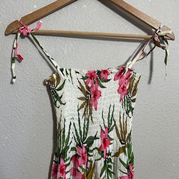 Aloha Moi Hawaii Maxi Dress One Size White Pink Floral Smocked Spaghetti Strap - Picture 4 of 7